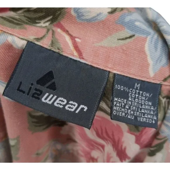 VTG 90s Lizwear Pink Floral Pearl Snap Shirt Size M Short Sleeves Cotton Yellow - Picture 4 of 8